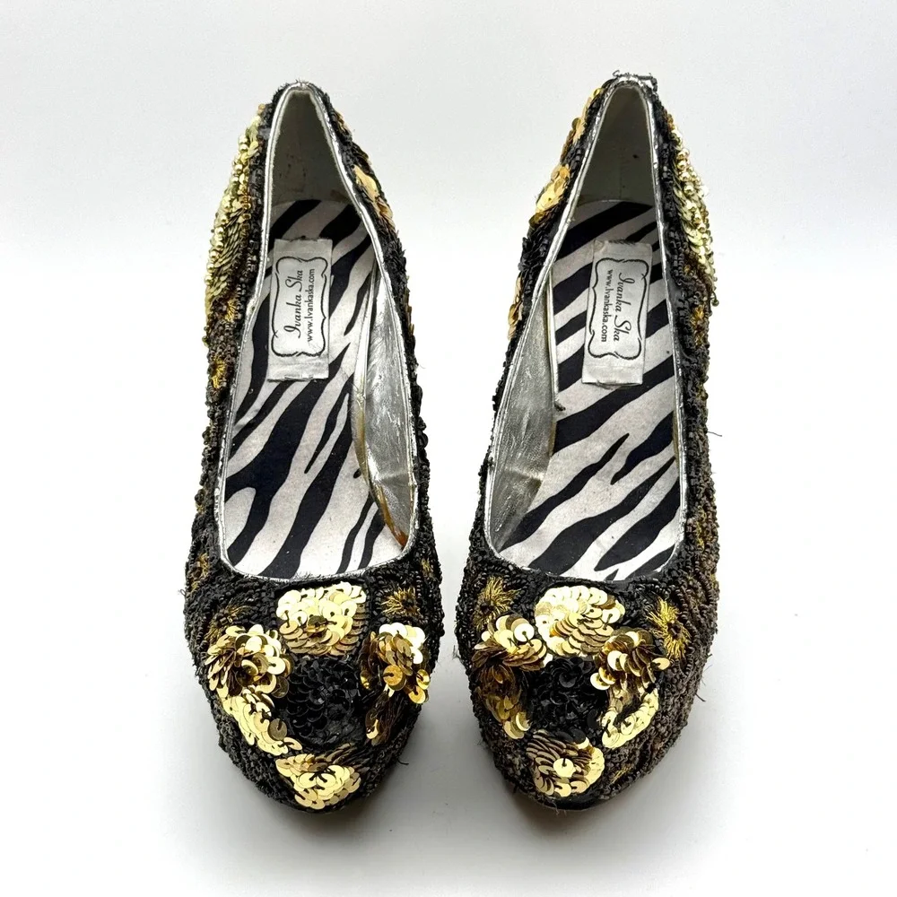 Ivanka Ska Sequin Beaded Platform Pumps Gold Black Zebra Print Heel 5.5 In 8/8.5